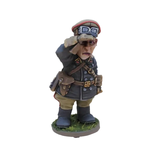 3D-Modell eines gedrungenen deutschen Offiziers in Uniform, mit Brille auf der Mütze und in Salutpose, stehend auf einem Gras