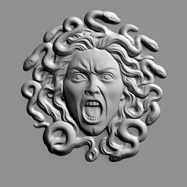 3D-Modell des Medusa Gorgone Basreliefs mit wütendem Gesicht und Schlangen statt Haaren im klassischen Basrelief-Stil.