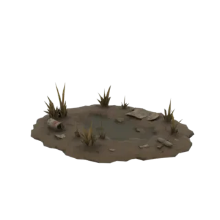 Modelo 3D de un charco de barro con una lata desechada, escombros de papel y hierba seca, renderizado sobre fondo blanco.