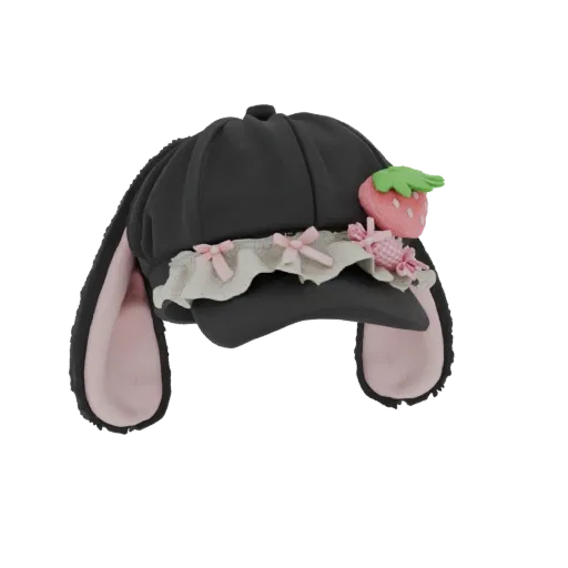 3D model of a black kawaii bunny cap with pink ears, a strawberry charm, pink bows, and lace trim.