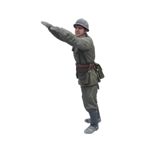 3D model of a WWII soldier in a salute, wearing a helmet and uniform, with arms raised.