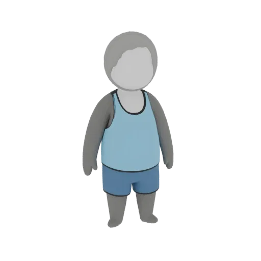 3D-Modell eines stilisierten, molligen Charakters in einem hellblauen Tanktop und blauen Shorts, stehend mit neutralem Ausdru