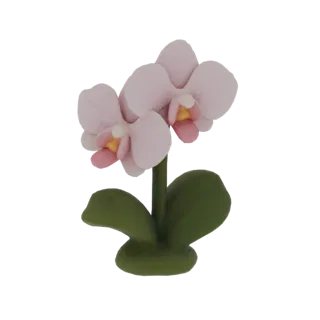 Modelo 3D de una planta de orquídea rosa con dos flores en flor y hojas verdes, sobre un fondo blanco.
