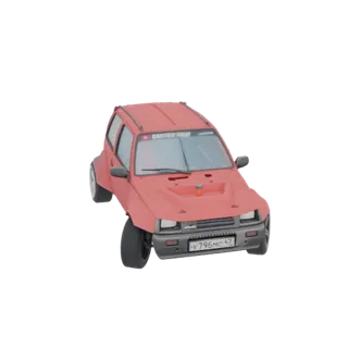 3D-Modell eines roten, modifizierten Offroad-Hatchbacks mit breiten Kotflügeln und individueller Haube, von vorne im Dreivier