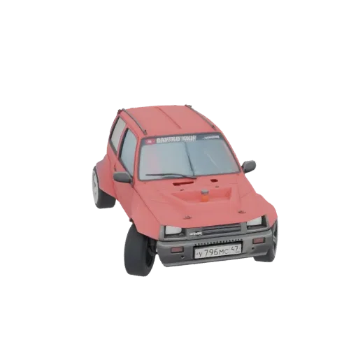 3D model of a red, modified off-road hatchback with wide fenders and a custom hood, viewed from a three-quarter front angle.