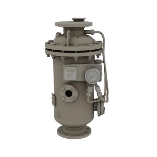 3D model of a beige industrial pressure filter with a pressure gauge and flange connections.
