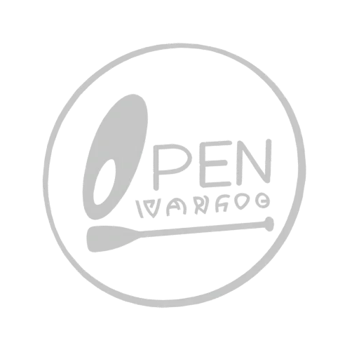 3D model of the 'Open Waters' logo, featuring stylized text and a paddle within a circular frame.