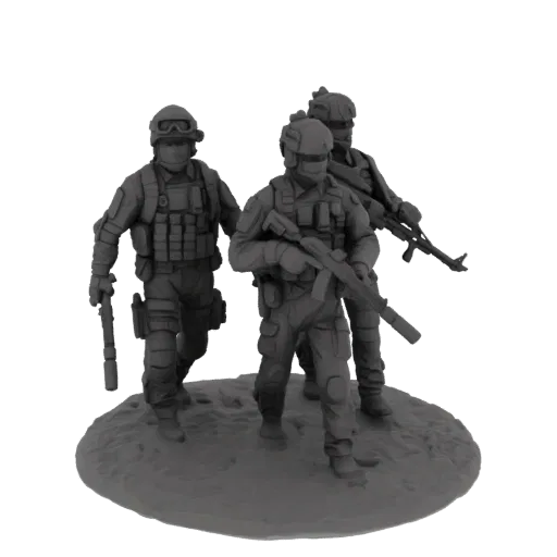 3D model of a three-soldier modern military squad in tactical gear, advancing on a textured base.