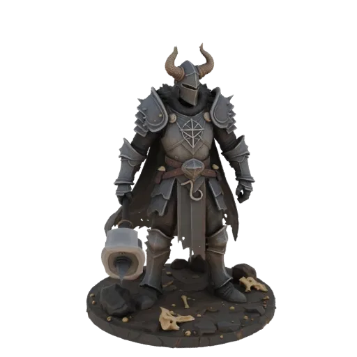 3D Model Dark Knight in full plate armor with horns and mace, standing on a base of stones and bones.