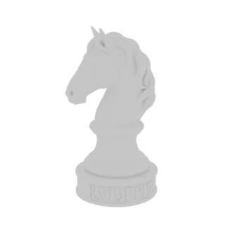 Ein 3D-Rendering einer weißen Springer-Schachfigur mit matter weißer Oberfläche, vor einem schlichten Hintergrund.