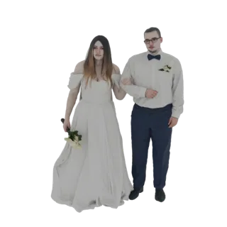 3D-Modell einer Braut in einem weißen Hochzeitskleid und eines Bräutigams in einem blauen Anzug, die Händchen halten und nach
