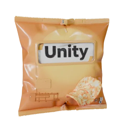 Sealed Chip Bag 3D model, three-quarter front view, Unity viewport, showing cardboard, package massing.