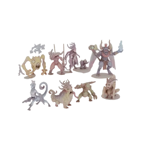 Eine Sammlung von 10 verschiedenen Fantasy-Monster-3D-Modellen, angeordnet auf weißem Hintergrund.