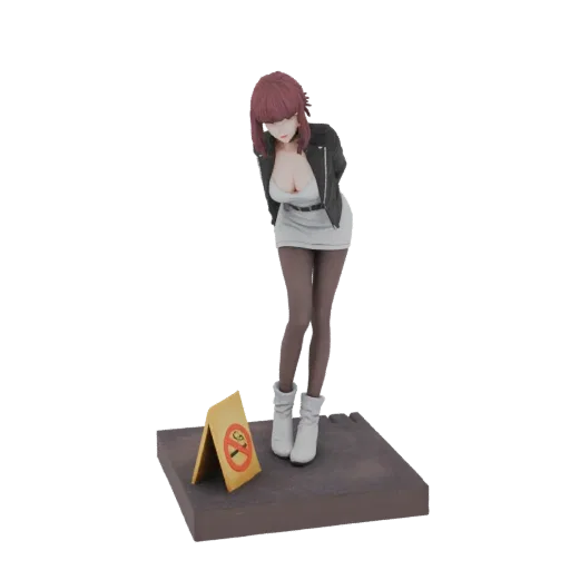 3D model of an anime girl with auburn hair, wearing a black leather jacket, white dress, and white boots, standing next to a