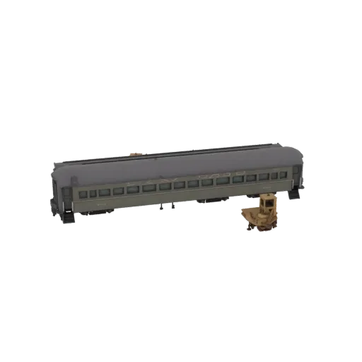 3D model of a vintage passenger train car with a small industrial crane beside it, set against a black background.