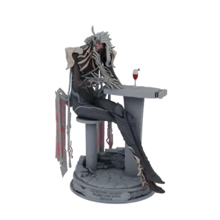 3D model of a grey gothic figure with white hair, seated at a table with a glass of red wine, on a cracked stone base.
