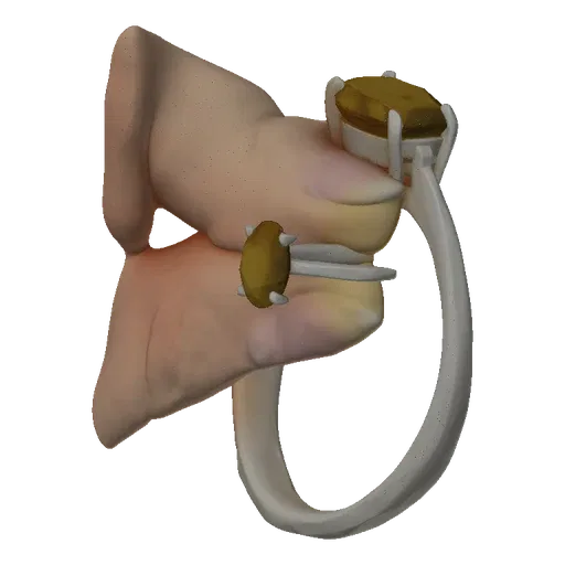 3D render of a realistic human hand holding a silver-colored ring with two yellow gemstones.