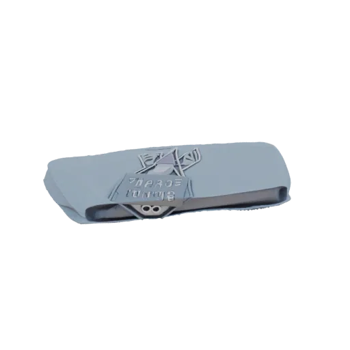 3D model of a futuristic grey headset with an embossed emblem on top, shown from a side angle.
