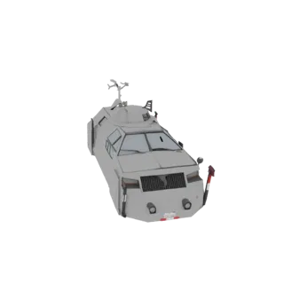Modelo 3D de um veículo blindado de transporte de pessoal cinza com torreta no teto, visto de um ângulo frontal de três quart