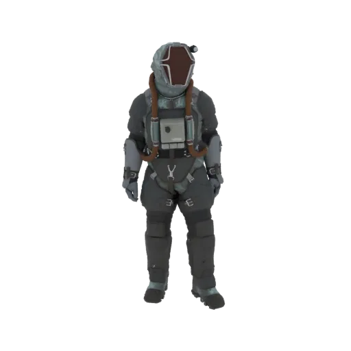 A full-body 3D model of a retro-style astronaut suit with a grey and teal color scheme, featuring a prominent helmet and life