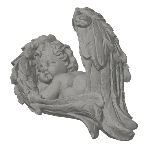 3D model of a sleeping cherub with large, detailed wings curled around its body, rendered in a light gray, matte finish.