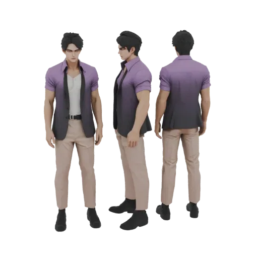 3D model of an anime-style man wearing a gradient purple shirt, white undershirt, and khaki pants, shown from front, side, an