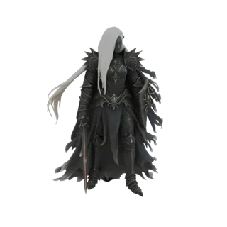 3D model of a Dark Elf warrior in dark armor, holding a sword and shield, with long white hair.
