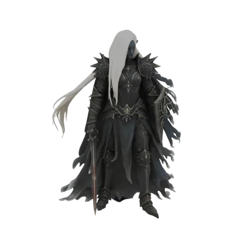 Modèle 3D d'un guerrier elfe noir en armure sombre, tenant une épée et un bouclier, avec de longs cheveux blancs.