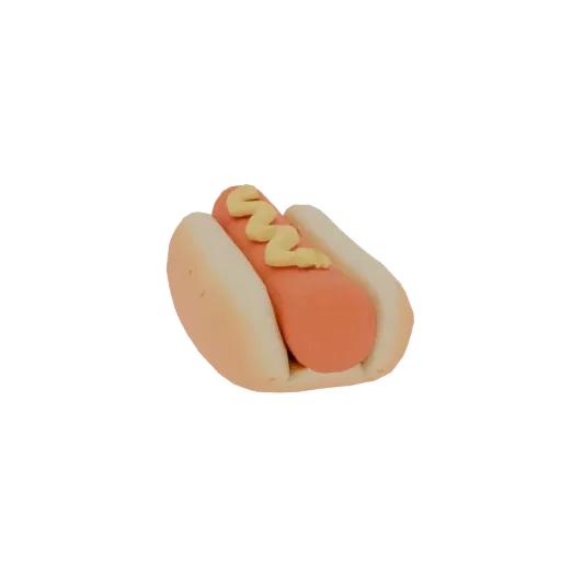 3D model of a minimalist hot dog with mustard, in a clay-like style, on a white background.