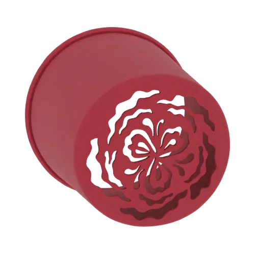 A 3D render of a red flower pot with an intricate rose cutout design on its side, viewed from a slightly elevated angle.