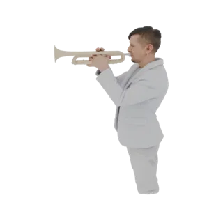Modello 3D di un musicista uomo in abito chiaro che suona la tromba, visto di lato.
