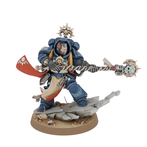 3D model of a Warhammer 40,000 Ultramarines Captain in power armor, holding a power sword and storm bolter, standing on a roc