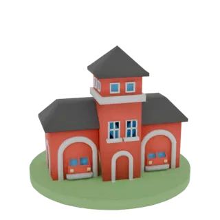 Cartoon Fire Station with Tower and Garage Bays
