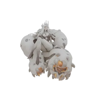3D model of a fantasy goddess with white hair and a crown, seated on a large mushroom-like throne with grey spots and gold ac