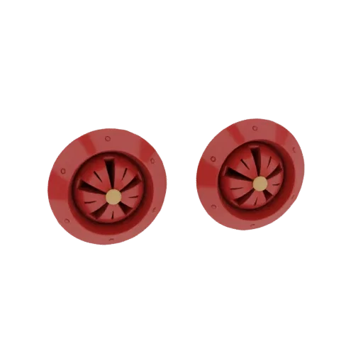 A pair of red industrial fan grilles with multi-bladed designs and bolted flanges, rendered on a white background.