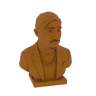 Busto 3D do rapper Tupac Shakur usando bandana e corrente dourada, apresentado sobre fundo branco.