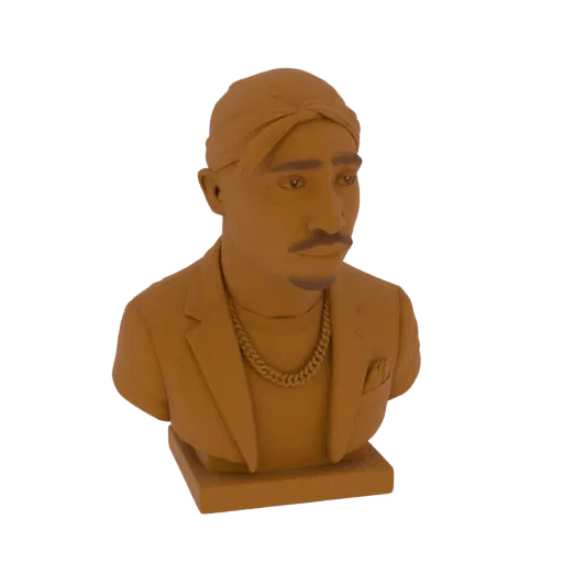 Busto 3D do rapper Tupac Shakur usando bandana e corrente dourada, apresentado sobre fundo branco.