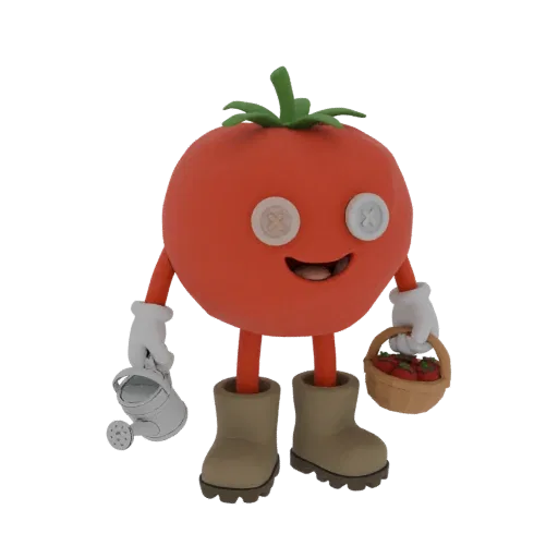 3D model of a cartoon tomato character wearing gardening boots, holding a watering can and a basket of tomatoes.
