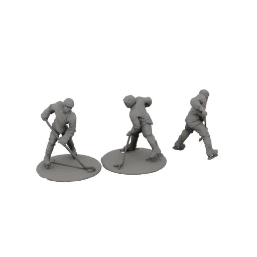 3D model of three grey-colored miniature hockey players in action poses on white bases, set against a white background.