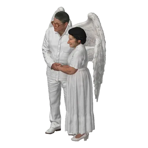 3D model of an elderly couple with white angel wings, holding hands and smiling.