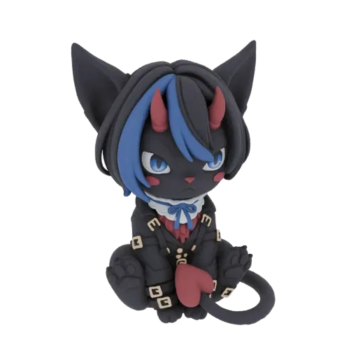3D-Rendering einer schwarzen Katzenfigur mit roten Hörnern, blauen Haaren und einem roten Herz-Anhänger, sitzend mit eingekri