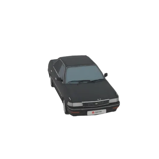 Modello 3D di un'auto berlina grigio scuro, vista da un'angolazione anteriore destra leggermente rialzata, su sfondo bianco.