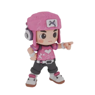Modèle 3D de jeune fille en casquette rose, t-shirt cœur et baskets, pointant vers l'avant