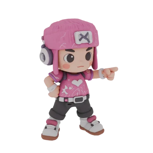 3D model of a teen girl in a pink cap, heart t-shirt, and sneakers, pointing forward