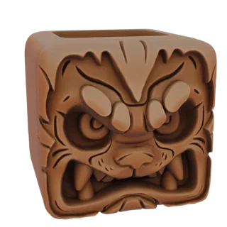 Un rendering 3D di una fioriera marrone a forma di cubo con una faccia di bestia feroce e ringhiante scolpita sul davanti.