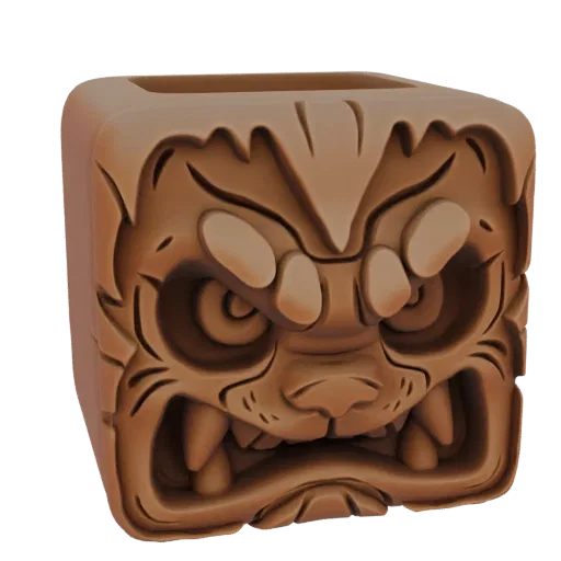 Un rendu 3D d'un pot brun en forme de cube avec une tête de bête féroce et rugissante sculptée sur le devant.