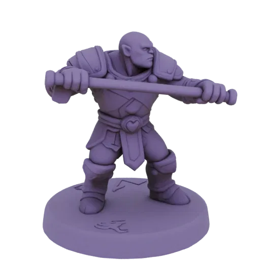 Miniatura STL de Guerrero Orco Fantástico Apuntando, render de mesa a tres cuartos, miniatura enemiga imprimible en resina co