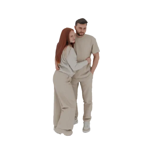 3D model of a couple embracing, both wearing casual beige loungewear, with the woman leaning into the man's chest.