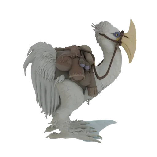 3D model of a white Chocobo with a brown saddlebag filled with pouches, standing against a black background.