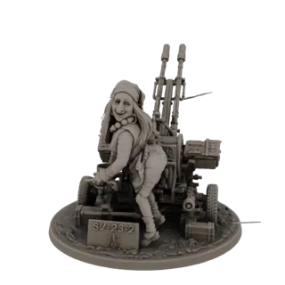 3D model of a witch character with a large ZU-23-2 anti-aircraft gun, posed dynamically on a textured base.